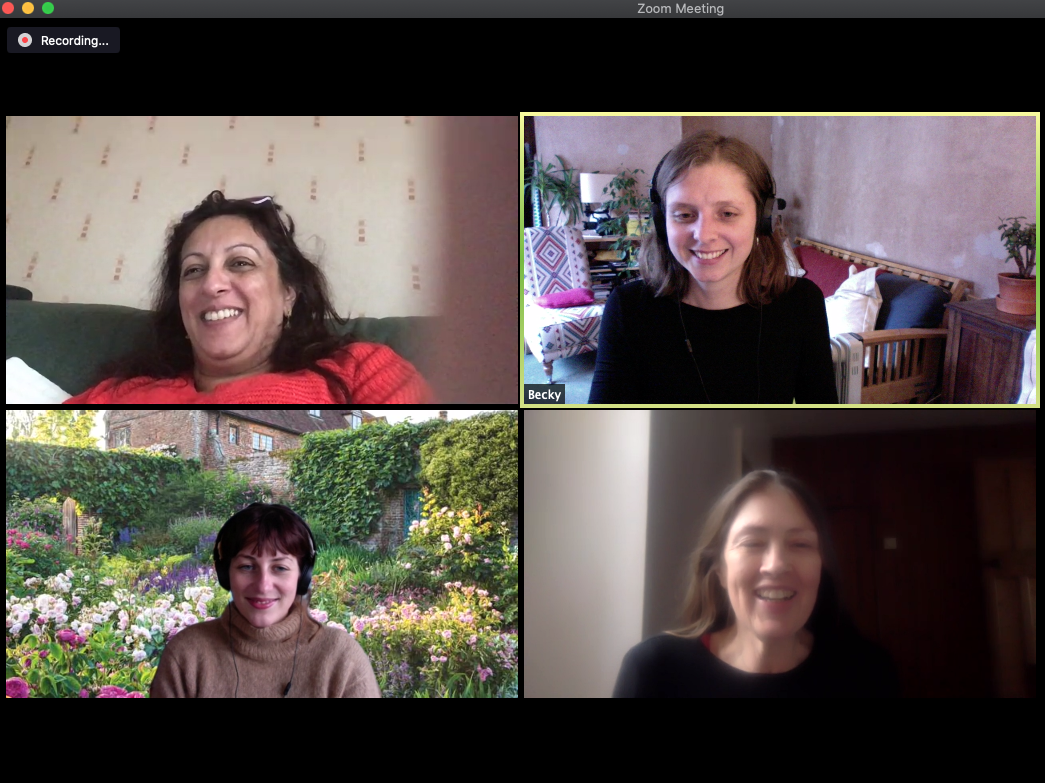 A screenshot of Zoom with four women in the meeting.